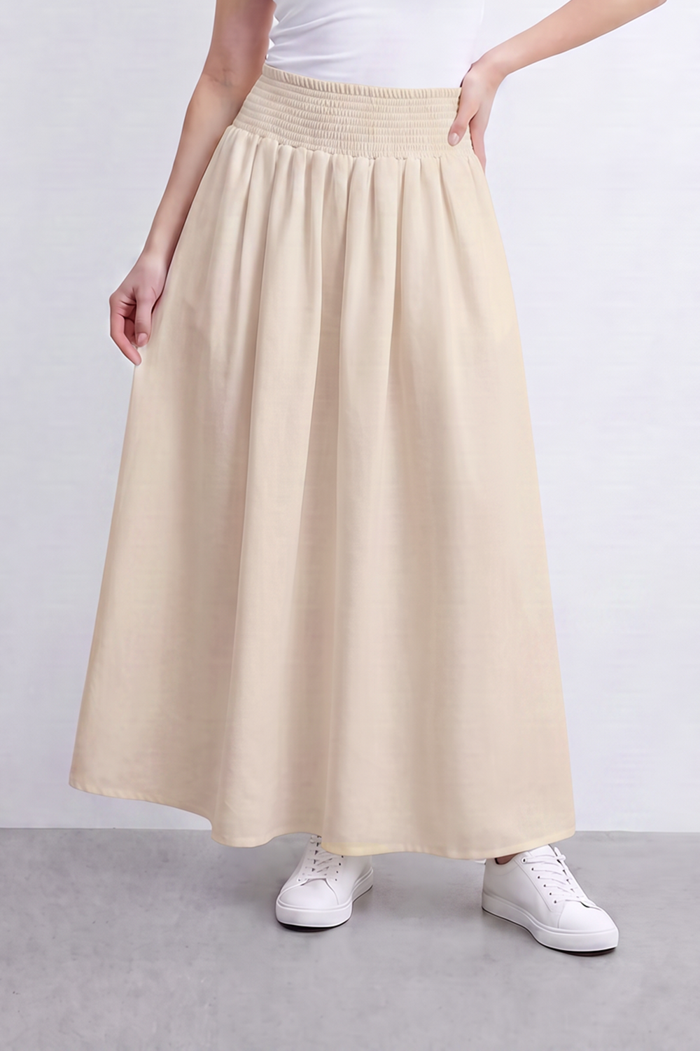 Women’s Tomato Store Smocked Drift Maxi Skirt Crinkle Plain Surface Falls From A Stretch Waist Into Full Flowing Volume