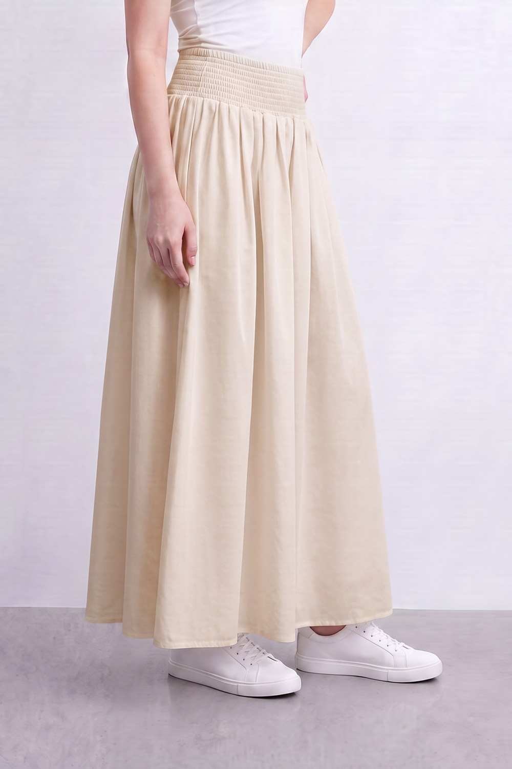 Women’s Tomato Store Smocked Drift Maxi Skirt Crinkle Plain Surface Falls From A Stretch Waist Into Full Flowing Volume