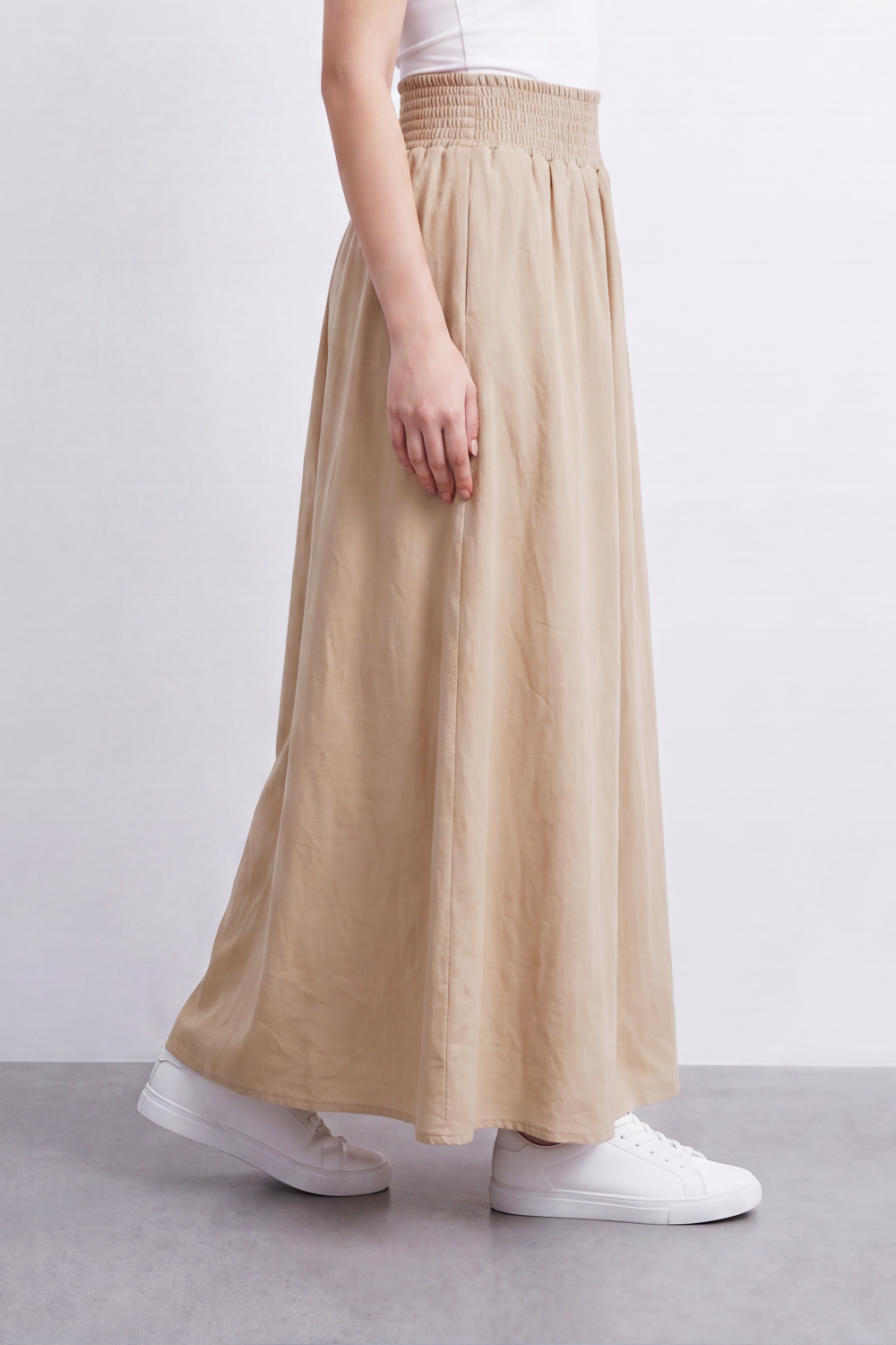 Women’s Tomato Store Smocked Drift Maxi Skirt Crinkle Plain Surface Falls From A Stretch Waist Into Full Flowing Volume