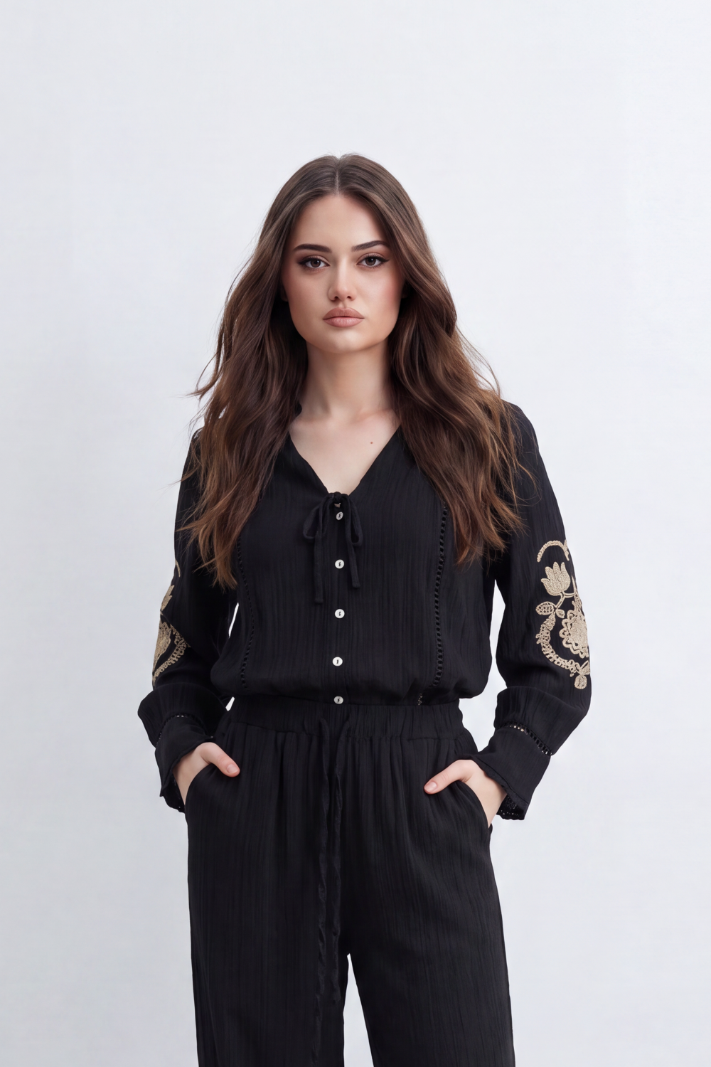Women’s Tomato Store Ornate Bloom Co-Ord Set Crinkle Texture With Raised Floral Embroidery Besic Outfit