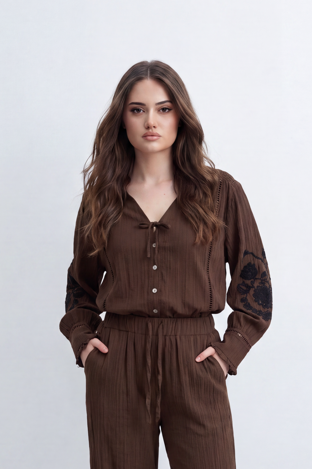 Women’s Tomato Store Ornate Bloom Co-Ord Set Crinkle Texture With Raised Floral Embroidery Besic Outfit