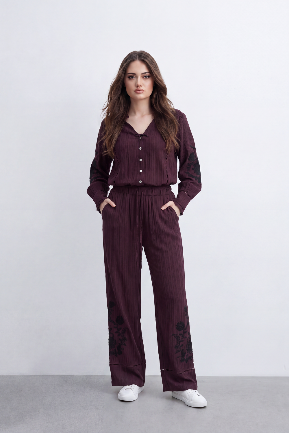 Women’s Tomato Store Ornate Bloom Co-Ord Set Crinkle Texture With Raised Floral Embroidery Besic Outfit