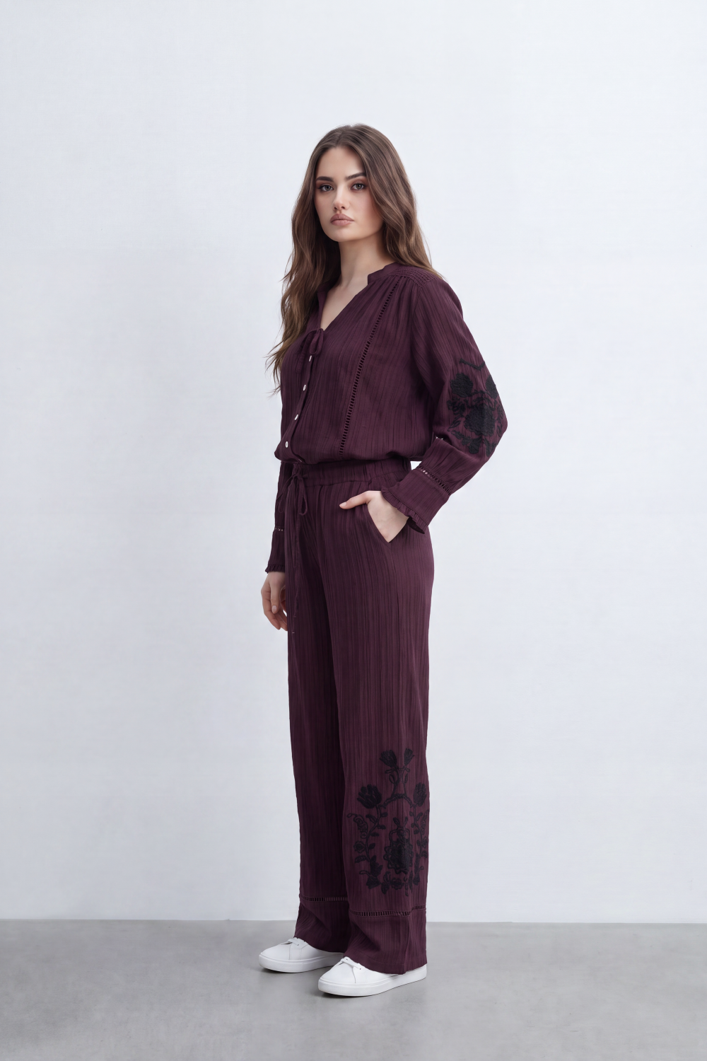 Women’s Tomato Store Ornate Bloom Co-Ord Set Crinkle Texture With Raised Floral Embroidery Besic Outfit