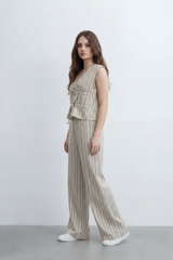 Women’s Tomato Store Sunwashed Stripe Co-Ord Set Crinkle Texture Allover Vertical Stripe Print Tie Front Outfit