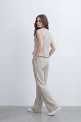Women’s Tomato Store Sunwashed Stripe Co-Ord Set Crinkle Texture Allover Vertical Stripe Print Tie Front Outfit