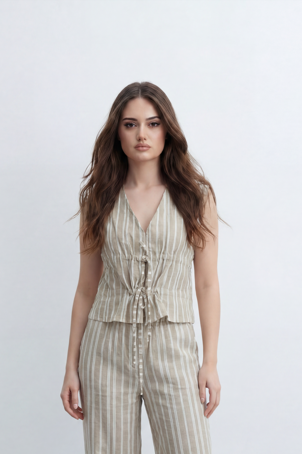 Women’s Tomato Store Sunwashed Stripe Co-Ord Set Crinkle Texture Allover Vertical Stripe Print Tie Front Outfit