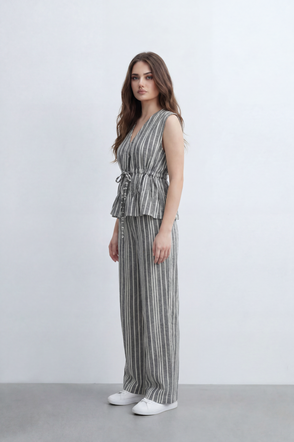 Women’s Tomato Store Sunwashed Stripe Co-Ord Set Crinkle Texture Allover Vertical Stripe Print Tie Front Outfit
