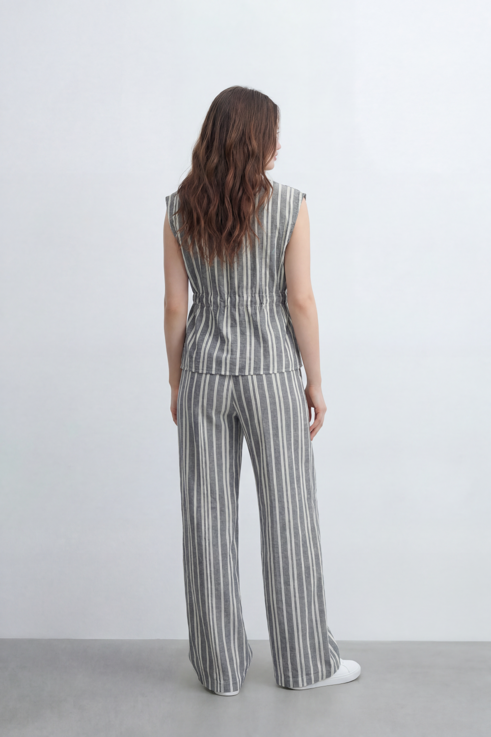 Women’s Tomato Store Sunwashed Stripe Co-Ord Set Crinkle Texture Allover Vertical Stripe Print Tie Front Outfit
