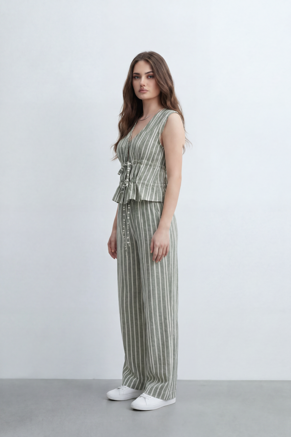 Women’s Tomato Store Sunwashed Stripe Co-Ord Set Crinkle Texture Allover Vertical Stripe Print Tie Front Outfit