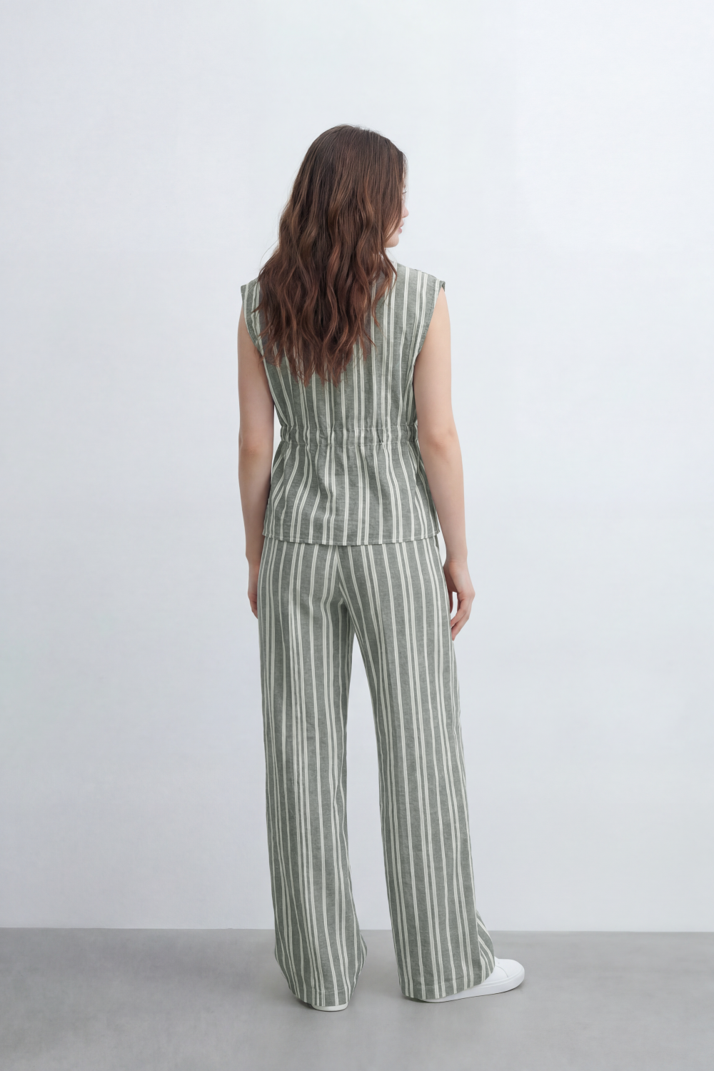 Women’s Tomato Store Sunwashed Stripe Co-Ord Set Crinkle Texture Allover Vertical Stripe Print Tie Front Outfit