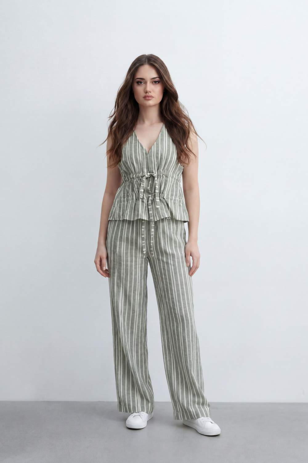 Women’s Tomato Store Sunwashed Stripe Co-Ord Set Crinkle Texture Allover Vertical Stripe Print Tie Front Outfit