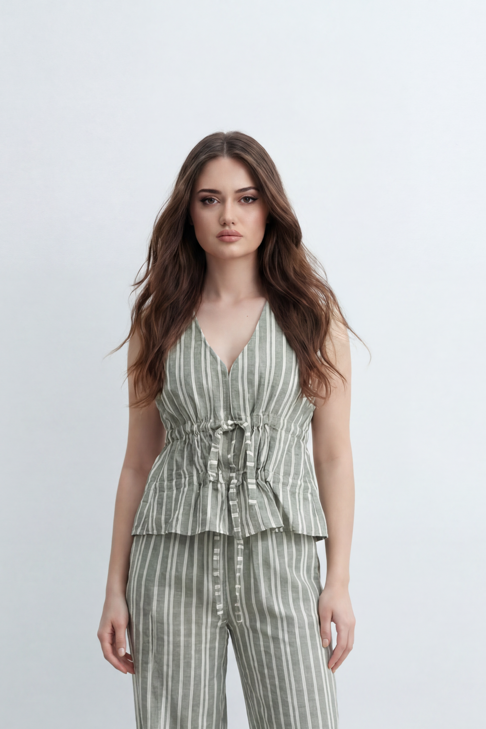 Women’s Tomato Store Sunwashed Stripe Co-Ord Set Crinkle Texture Allover Vertical Stripe Print Tie Front Outfit