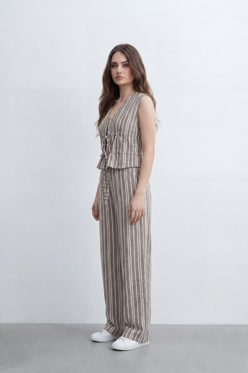 Women’s Tomato Store Sunwashed Stripe Co-Ord Set Crinkle Texture Allover Vertical Stripe Print Tie Front Outfit