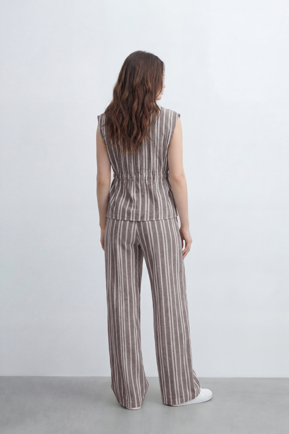 Women’s Tomato Store Sunwashed Stripe Co-Ord Set Crinkle Texture Allover Vertical Stripe Print Tie Front Outfit
