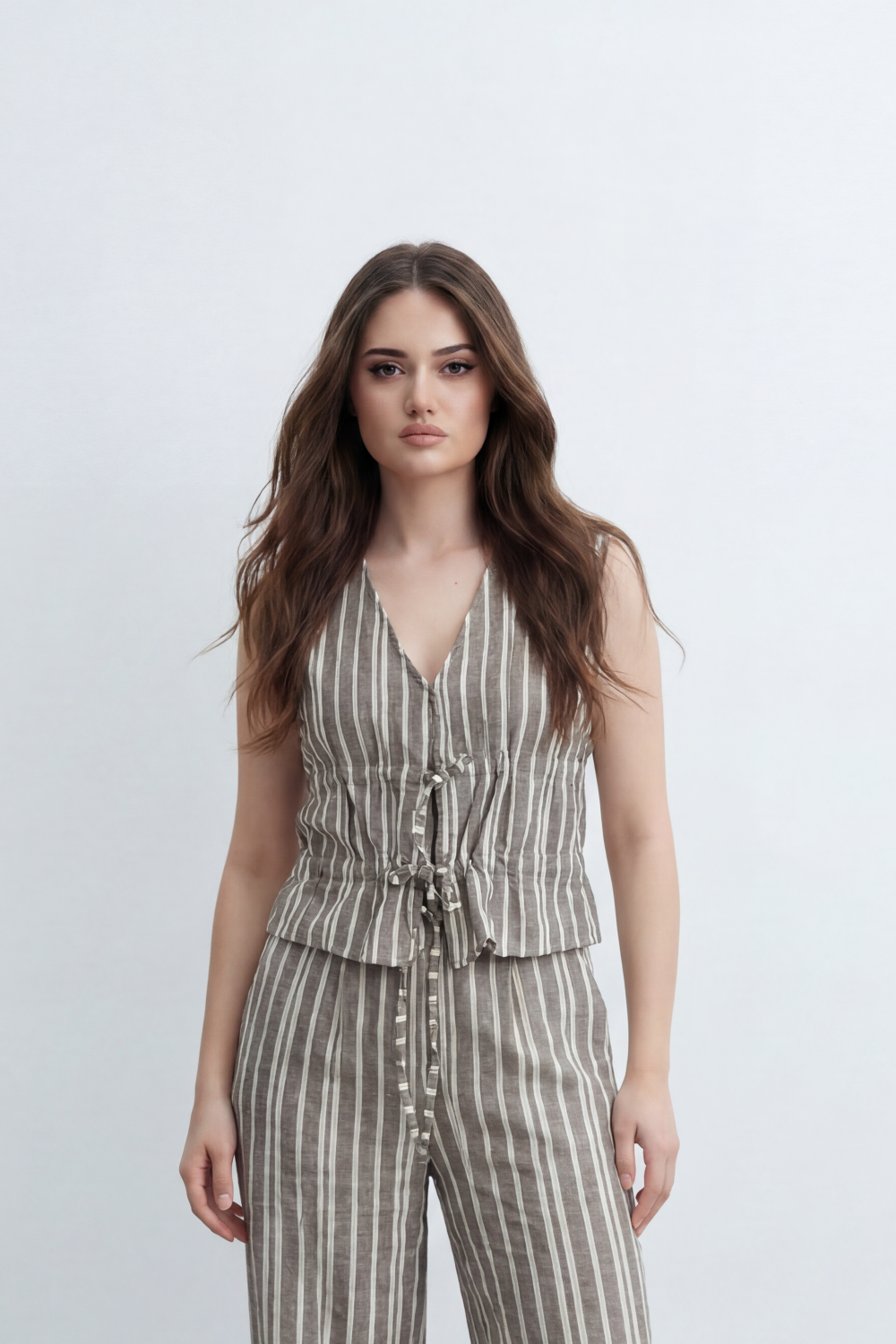 Women’s Tomato Store Sunwashed Stripe Co-Ord Set Crinkle Texture Allover Vertical Stripe Print Tie Front Outfit