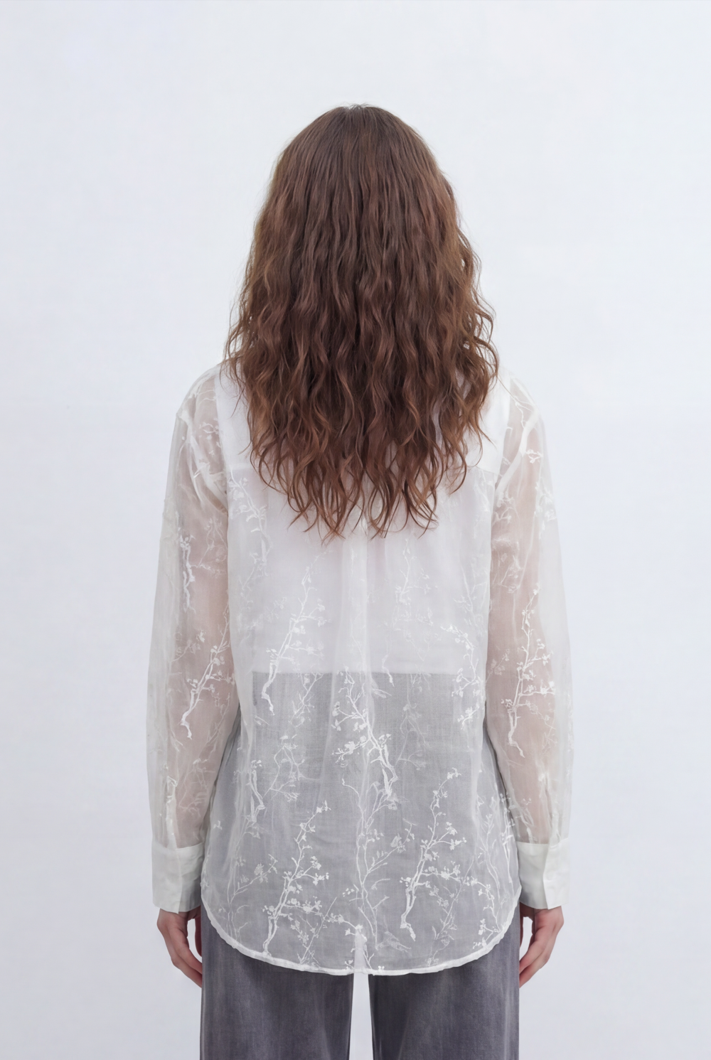 Women’s Tomato Store Sheer Botanical Blouse With Transparent Organza Texture Allover Etched Floral Branch Print