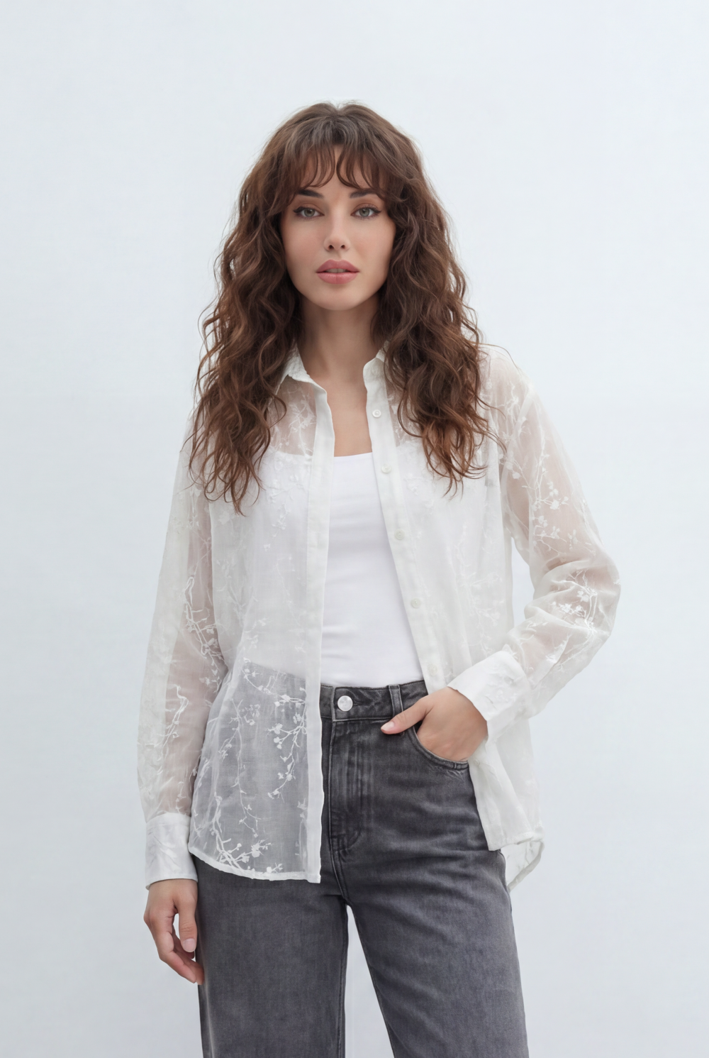 Women’s Tomato Store Sheer Botanical Blouse With Transparent Organza Texture Allover Etched Floral Branch Print