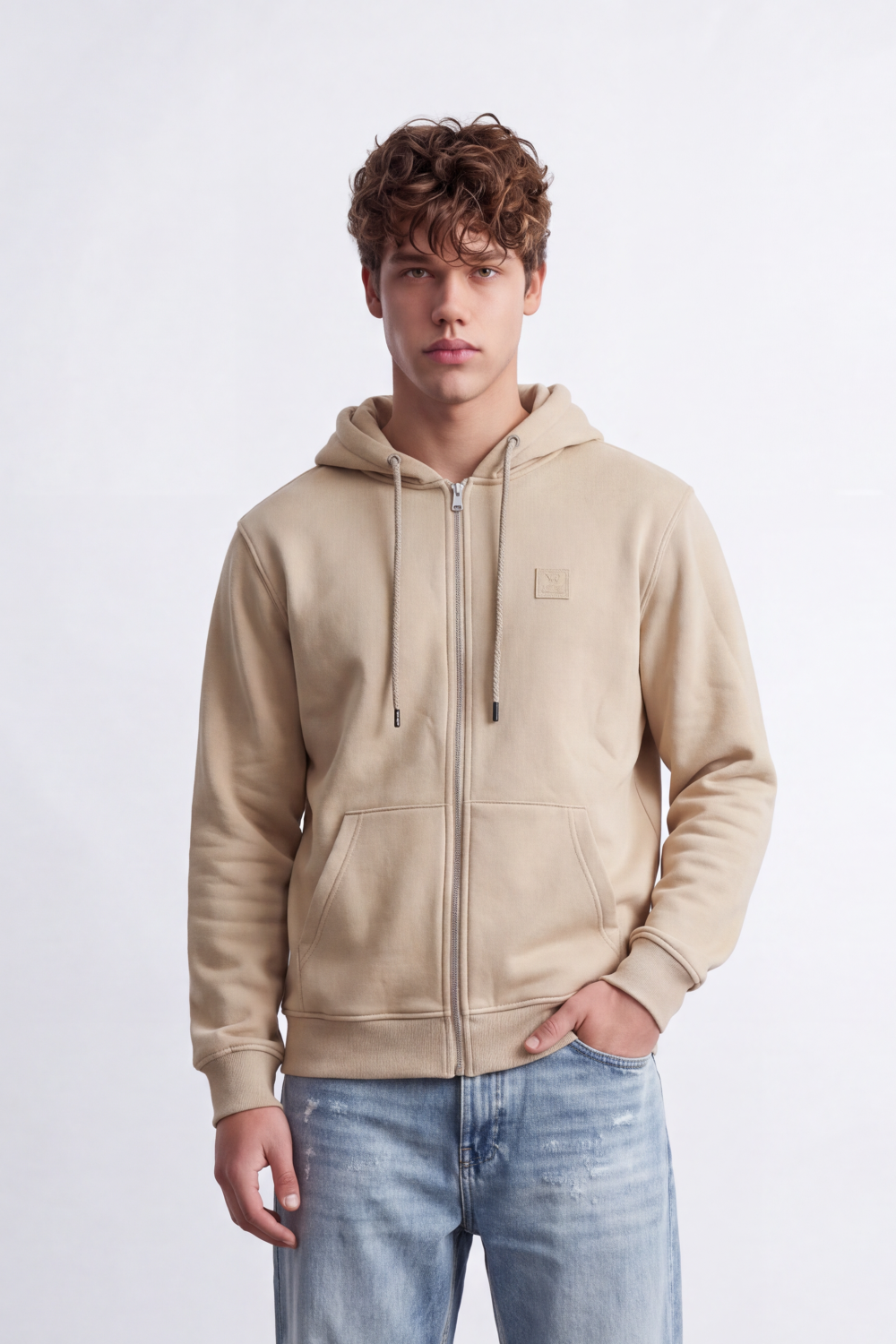 Men's Tomato Store Sweatshirt Hood Full-Zip Chest Patch Split Kangaroo Pockets Slim Fit