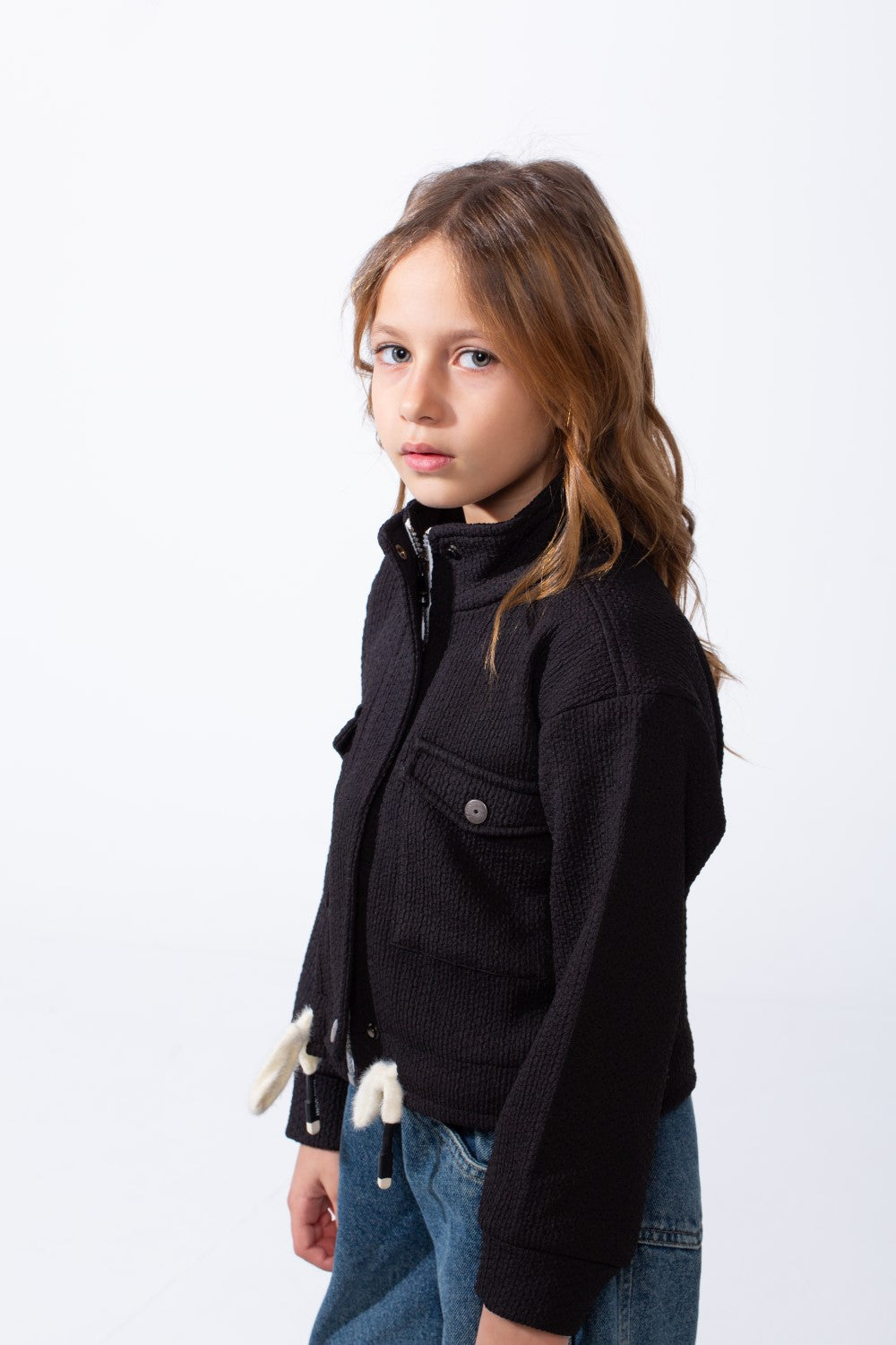 Girl’s Slim Fit Front Button Pockets Utility Jacket With Textured Fabric And Zip Closure