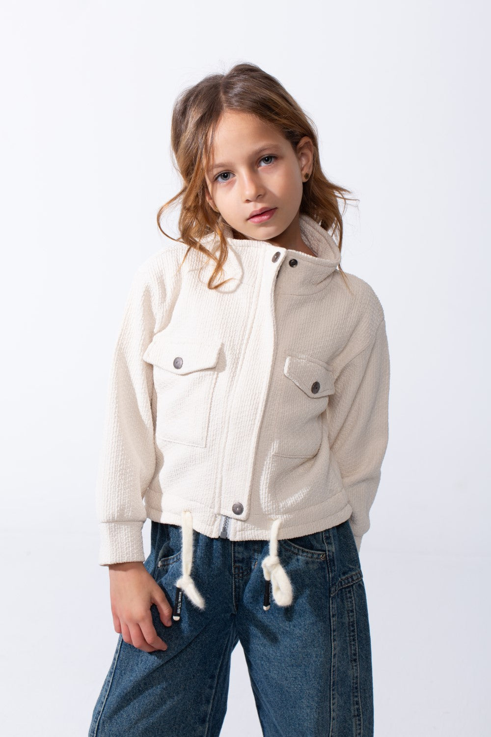 Girl’s Slim Fit Front Button Pockets Utility Jacket With Textured Fabric And Zip Closure