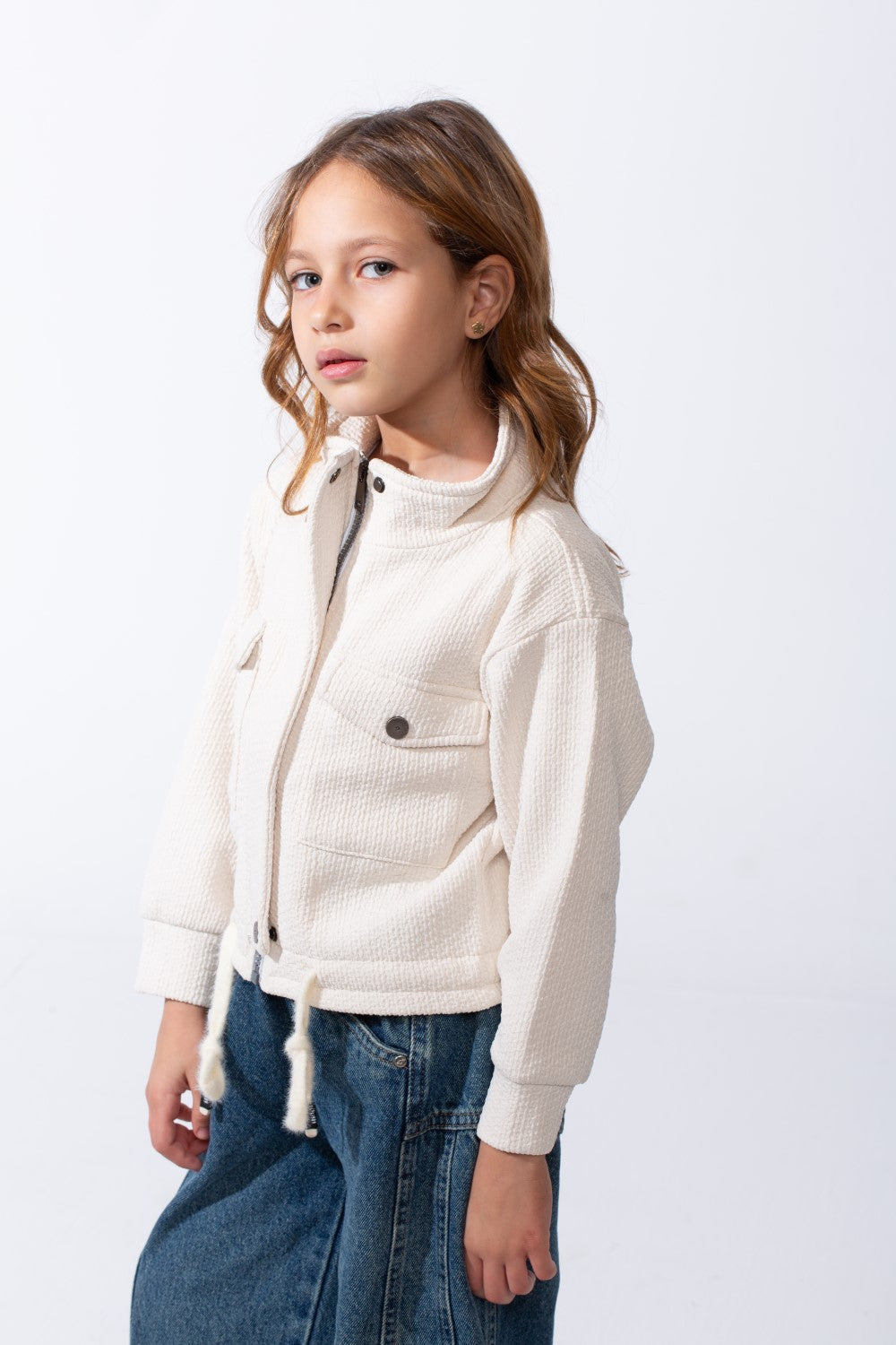 Girl’s Slim Fit Front Button Pockets Utility Jacket With Textured Fabric And Zip Closure