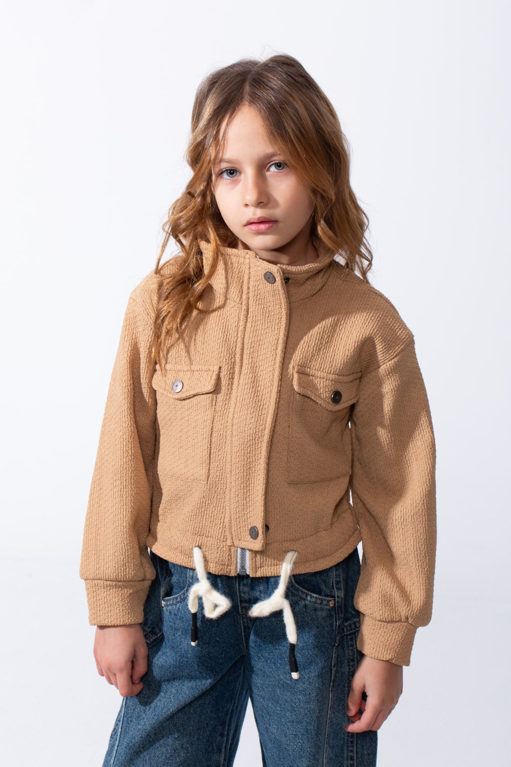 Girl’s Slim Fit Front Button Pockets Utility Jacket With Textured Fabric And Zip Closure