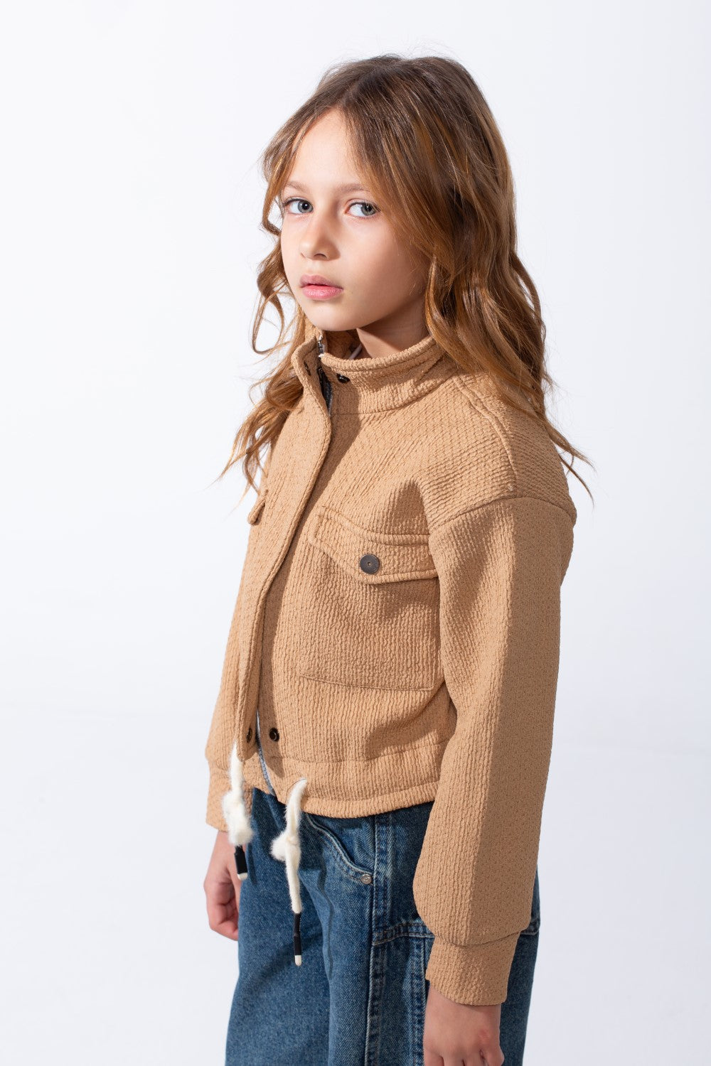Girl’s Slim Fit Front Button Pockets Utility Jacket With Textured Fabric And Zip Closure