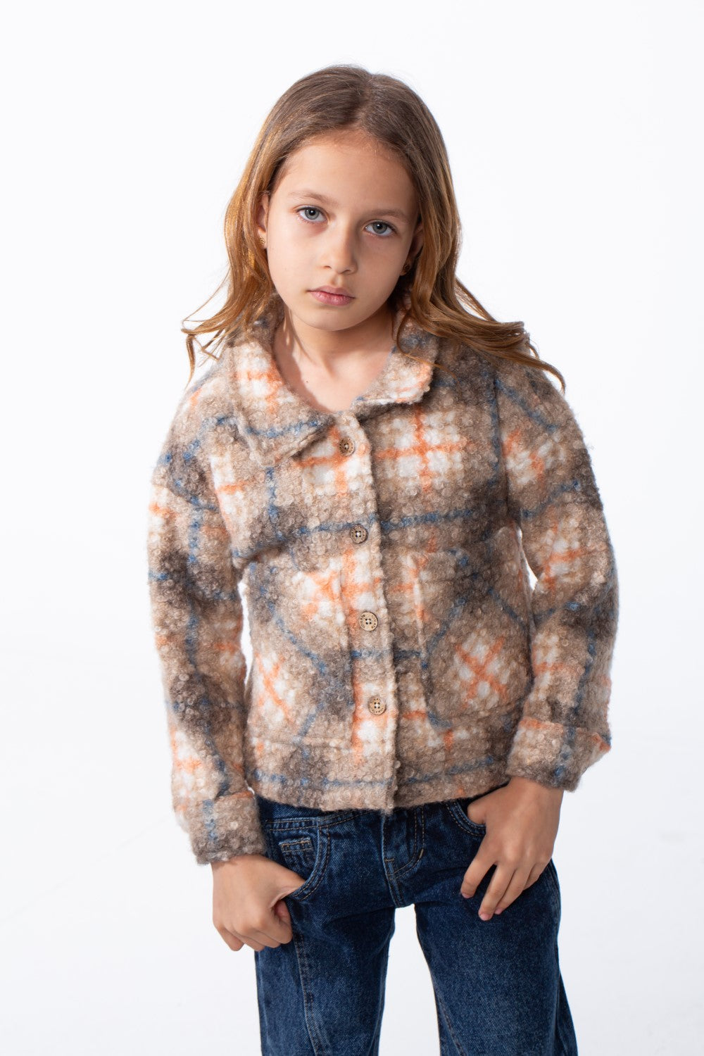 Girl's Tomato Store Slim Fit Shirt Plaid Check Pattern Button Front Soft Textured