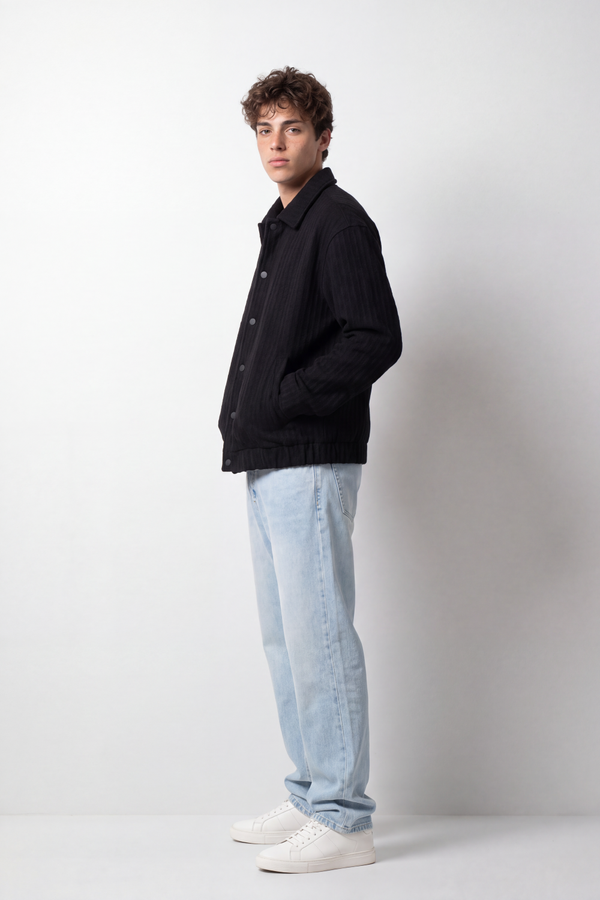 Men's Tomato Store Box Fit Jacket Textured Vertical Pattern Snap Button Front Patch Pockets