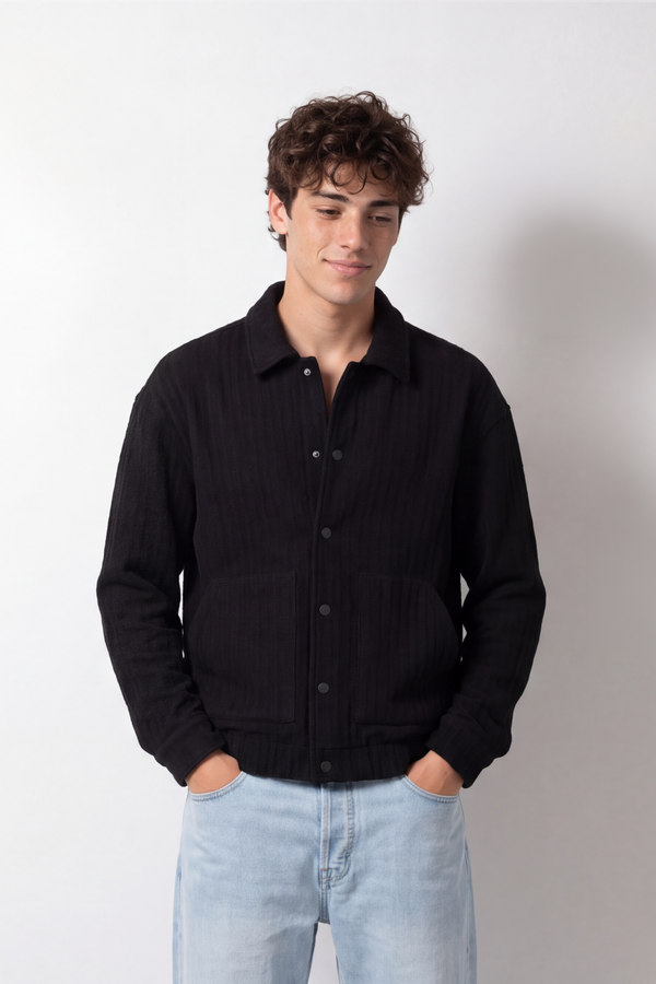 Men's Tomato Store Box Fit Jacket Textured Vertical Pattern Snap Button Front Patch Pockets