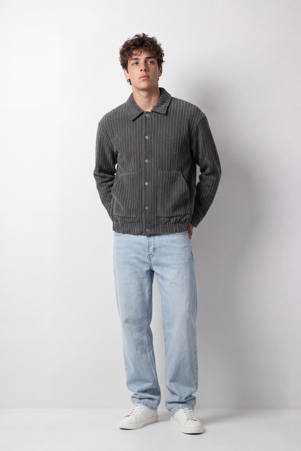 Men's Tomato Store Box Fit Jacket Textured Vertical Pattern Snap Button Front Patch Pockets