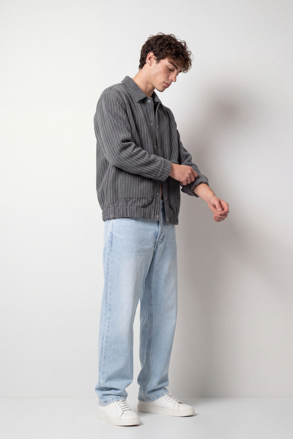 Men's Tomato Store Box Fit Jacket Textured Vertical Pattern Snap Button Front Patch Pockets