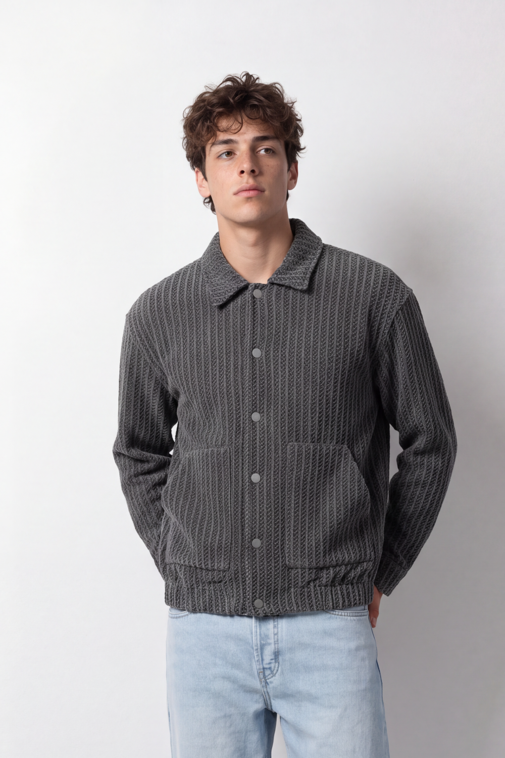 Men's Tomato Store Box Fit Jacket Textured Vertical Pattern Snap Button Front Patch Pockets