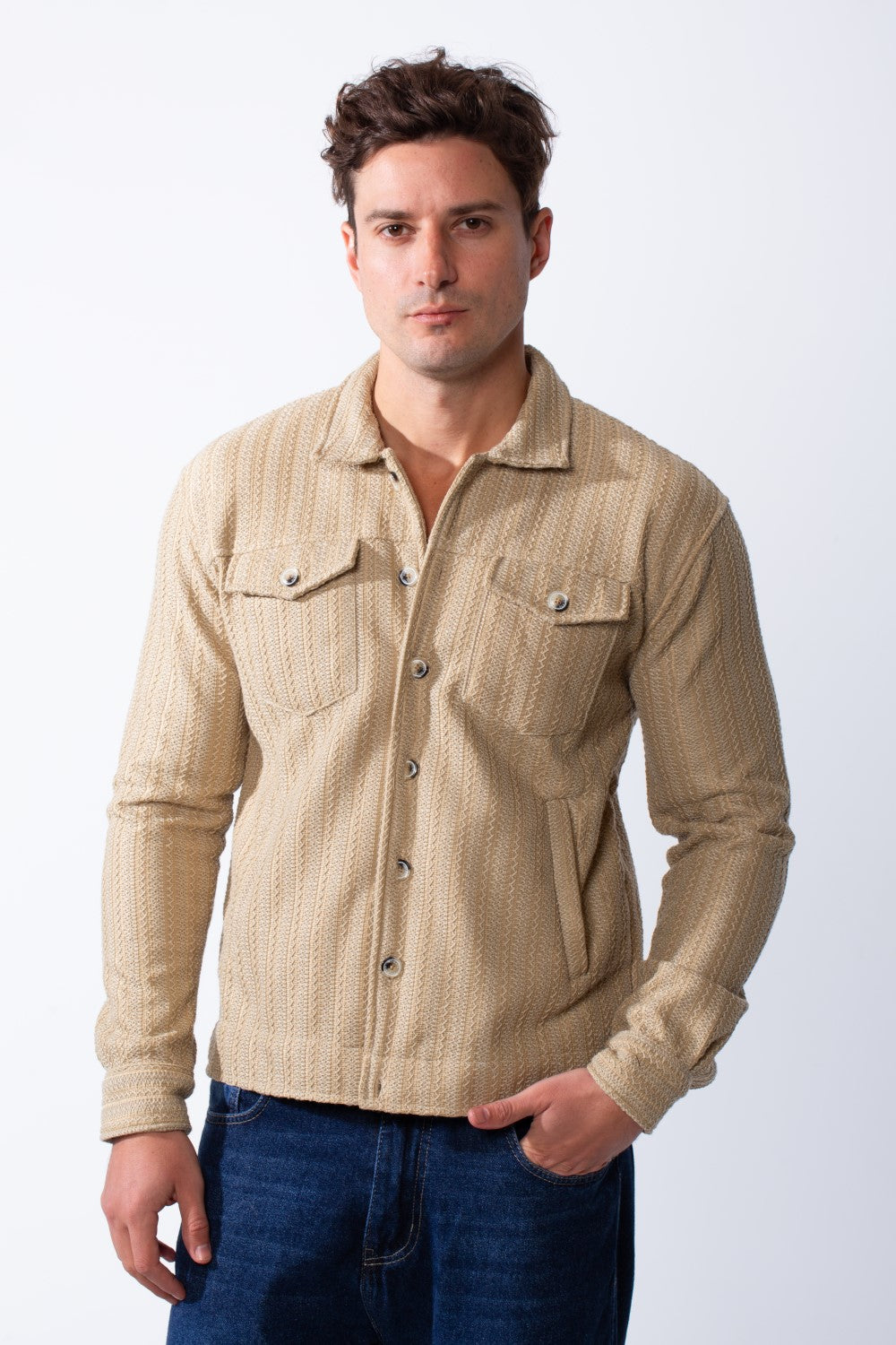 Men's Classic Neck Vertical Textured Stripe Pattern Buttoned Chest Pockets Slim Fit Trico Fabric Casual Wear Shirt