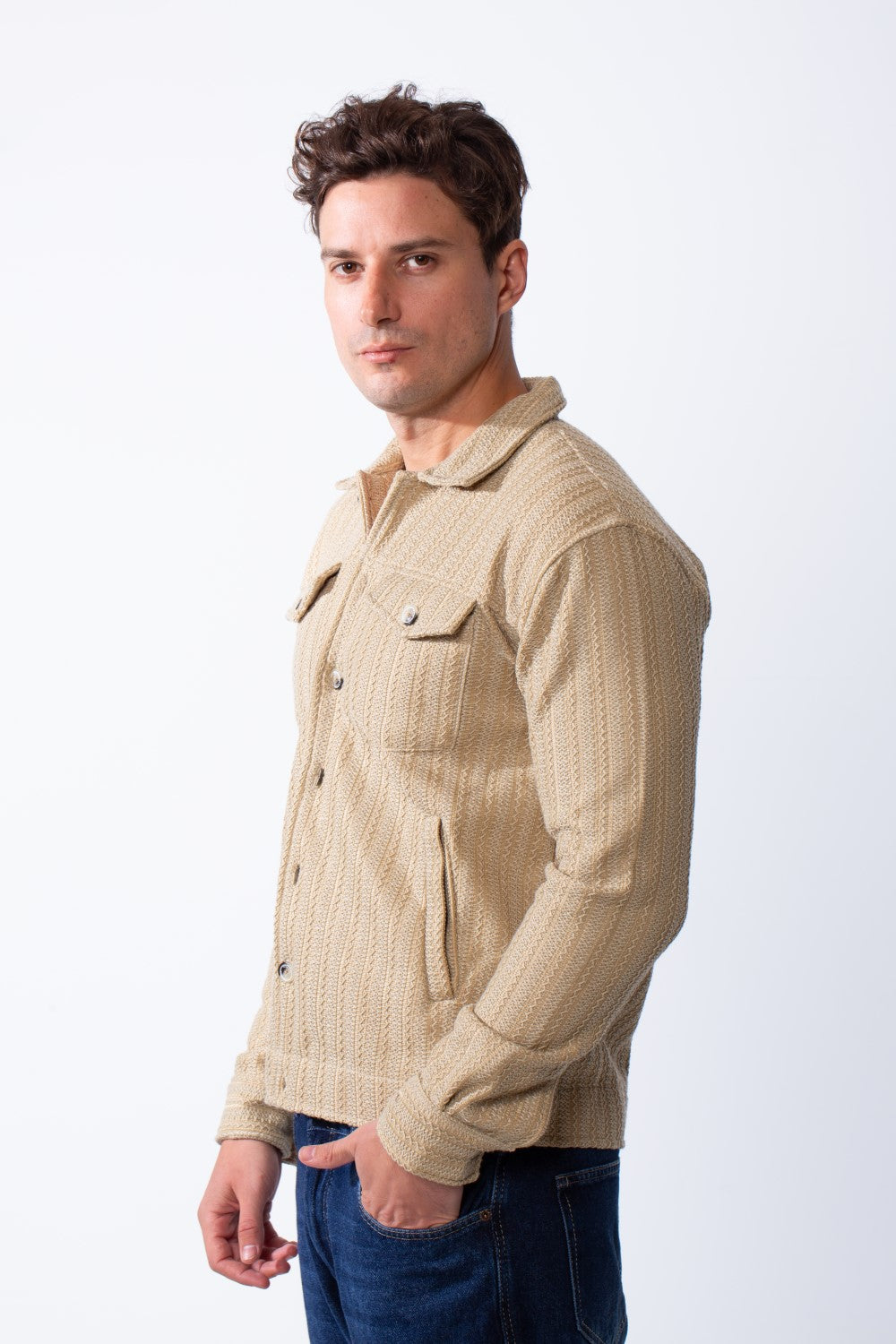 Men's Classic Neck Vertical Textured Stripe Pattern Buttoned Chest Pockets Slim Fit Trico Fabric Casual Wear Shirt
