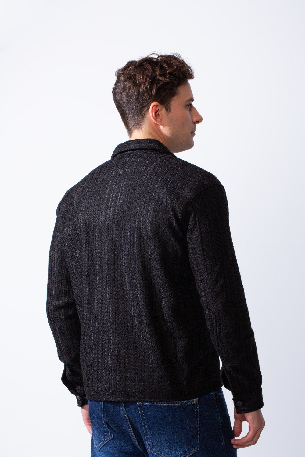 Men's Classic Neck Vertical Textured Stripe Pattern Buttoned Chest Pockets Slim Fit Trico Fabric Casual Wear Shirt