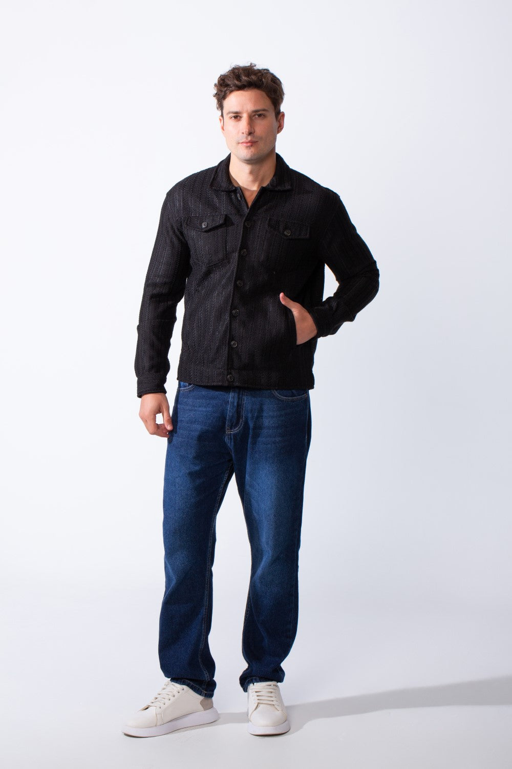 Men's Classic Neck Vertical Textured Stripe Pattern Buttoned Chest Pockets Slim Fit Trico Fabric Casual Wear Shirt