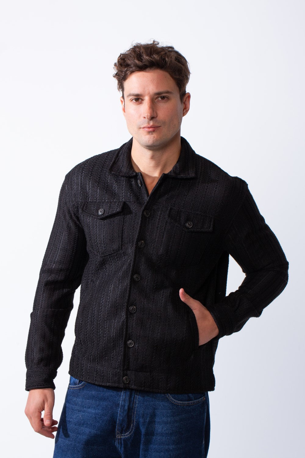 Men's Classic Neck Vertical Textured Stripe Pattern Buttoned Chest Pockets Slim Fit Trico Fabric Casual Wear Shirt