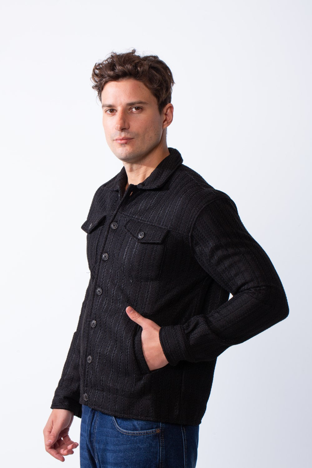 Men's Classic Neck Vertical Textured Stripe Pattern Buttoned Chest Pockets Slim Fit Trico Fabric Casual Wear Shirt