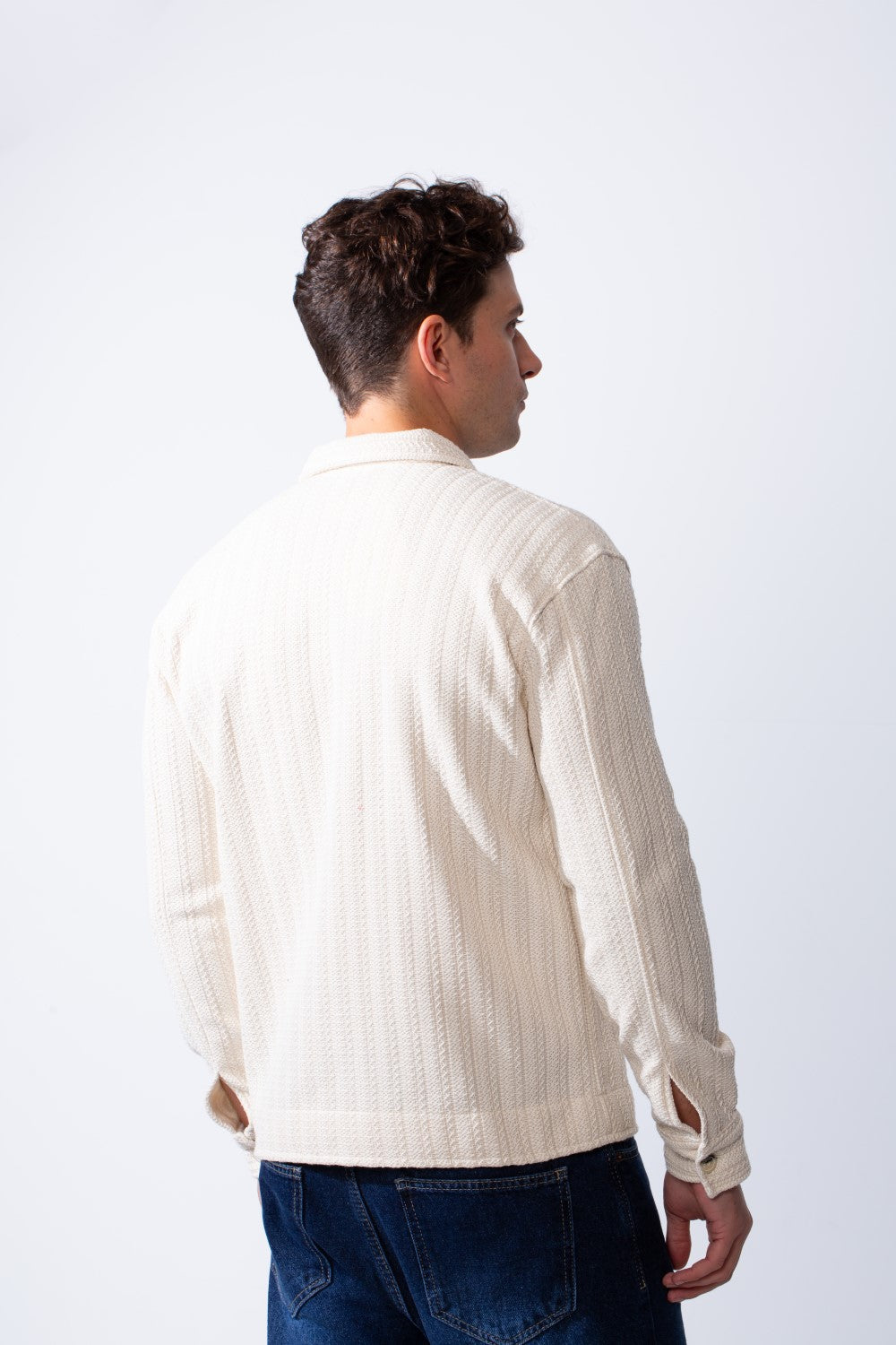 Men's Classic Neck Vertical Textured Stripe Pattern Buttoned Chest Pockets Slim Fit Trico Fabric Casual Wear Shirt