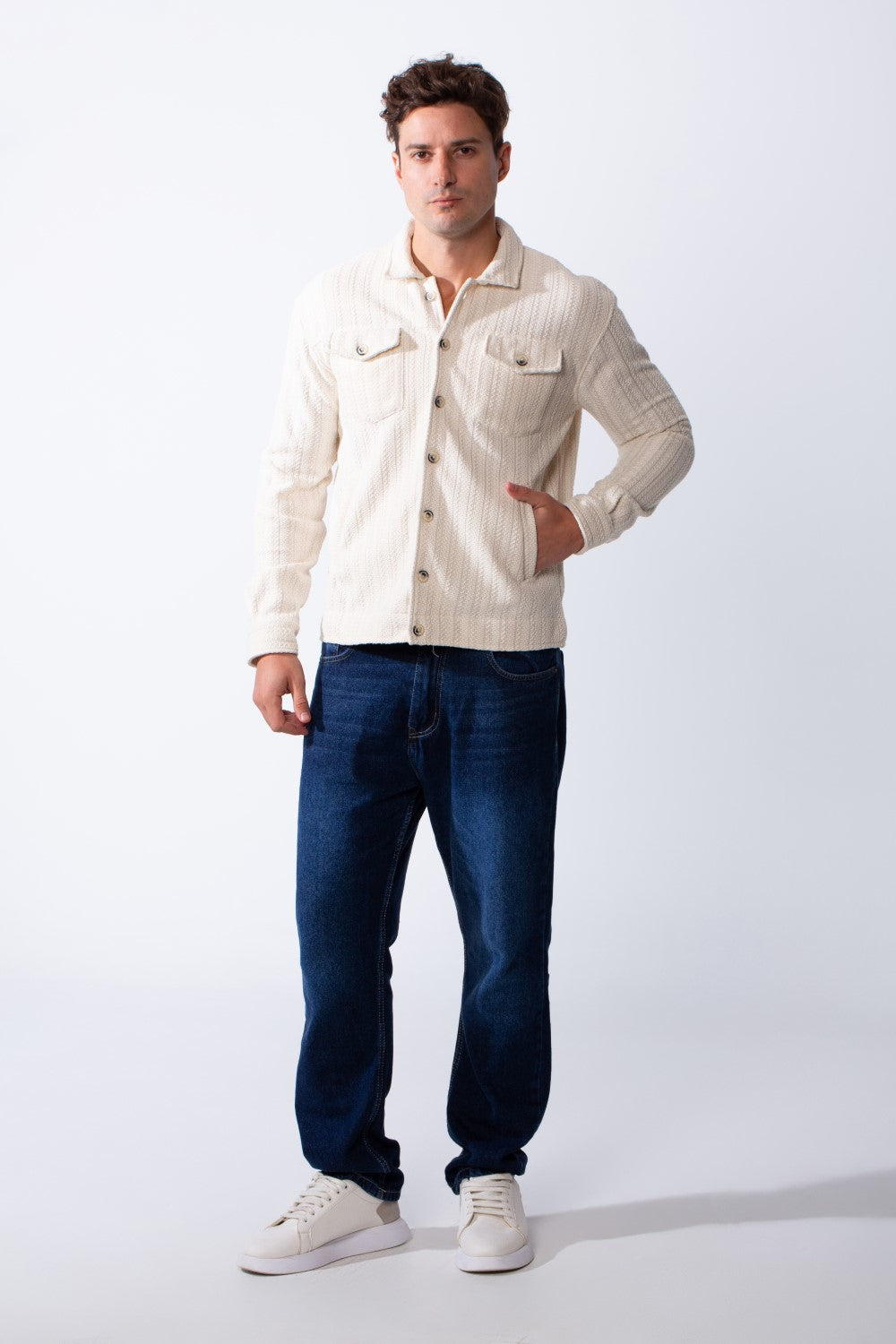 Men's Classic Neck Vertical Textured Stripe Pattern Buttoned Chest Pockets Slim Fit Trico Fabric Casual Wear Shirt