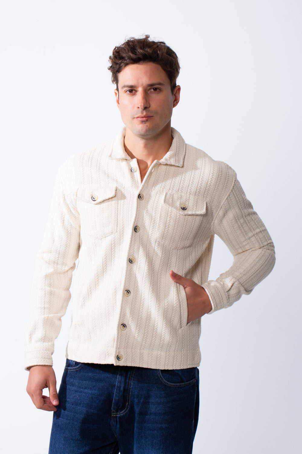 Men's Classic Neck Vertical Textured Stripe Pattern Buttoned Chest Pockets Slim Fit Trico Fabric Casual Wear Shirt