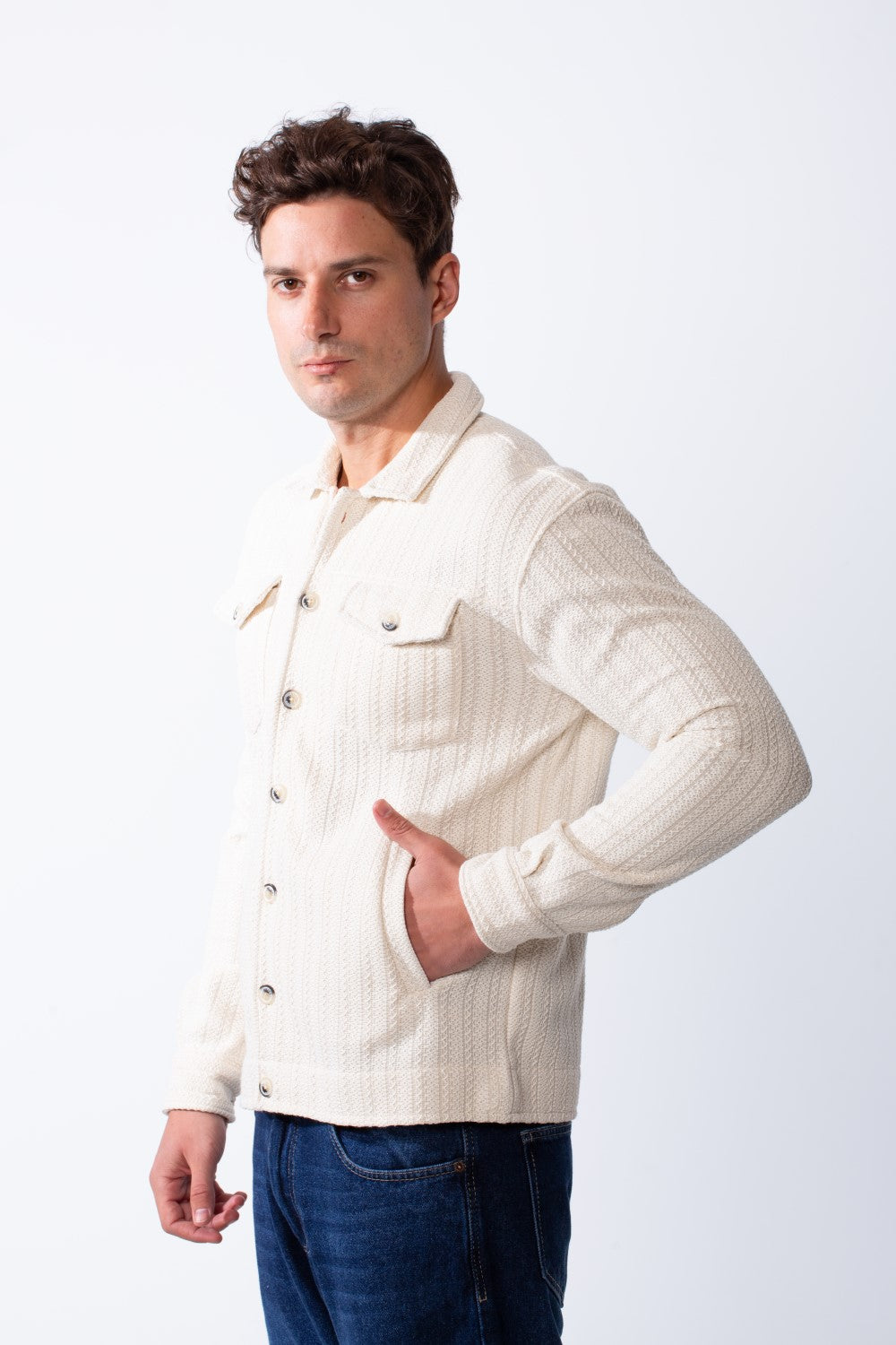 Men's Classic Neck Vertical Textured Stripe Pattern Buttoned Chest Pockets Slim Fit Trico Fabric Casual Wear Shirt