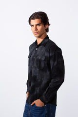 Men's regular fit washed black gabardine shirt with front pockets and long sleeves.
