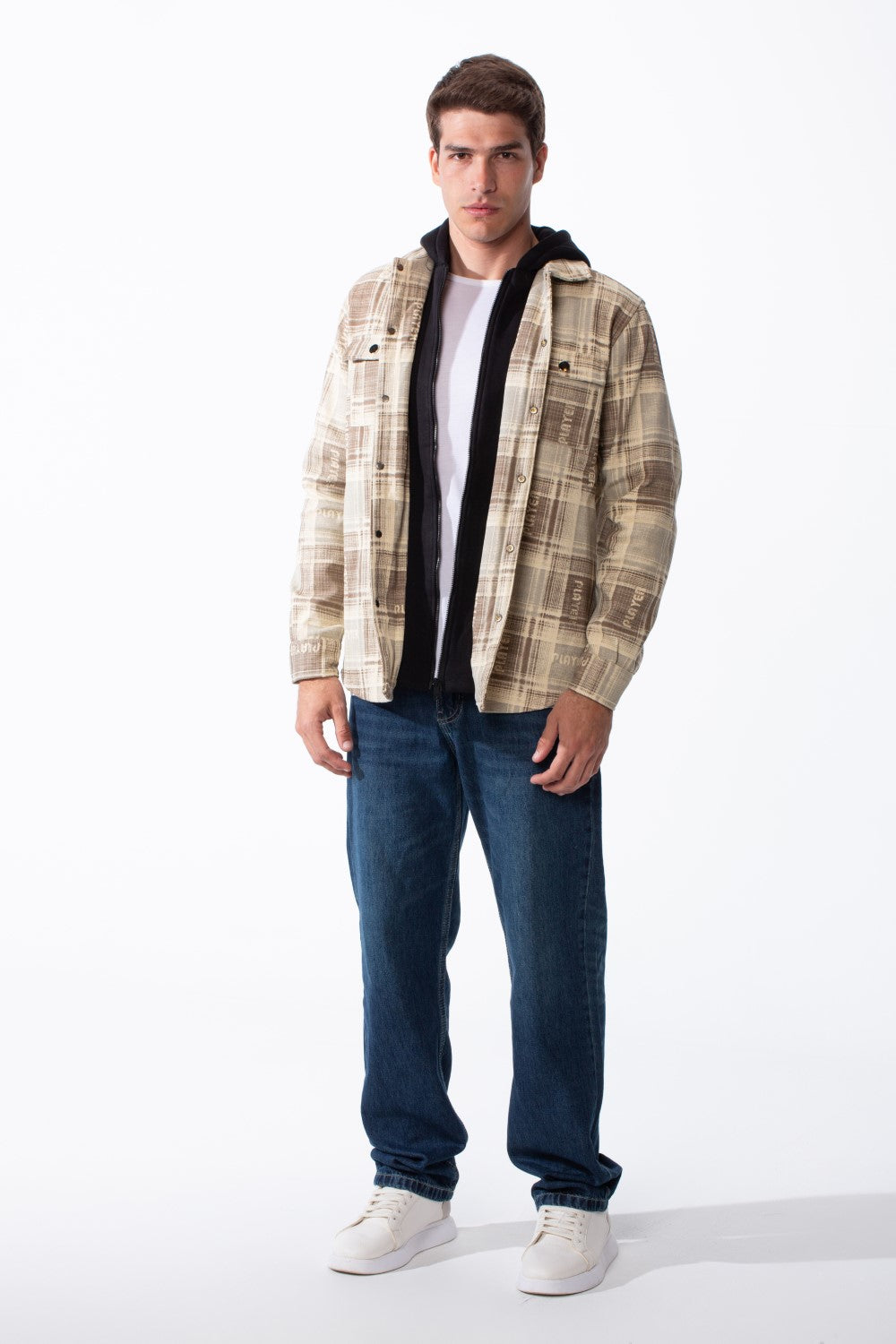 Men's Double-Layer Versatile Layered Design Built In Hooded Inner Long Sleeves Chest Pockets Plaid Print Regular Fit Shirt