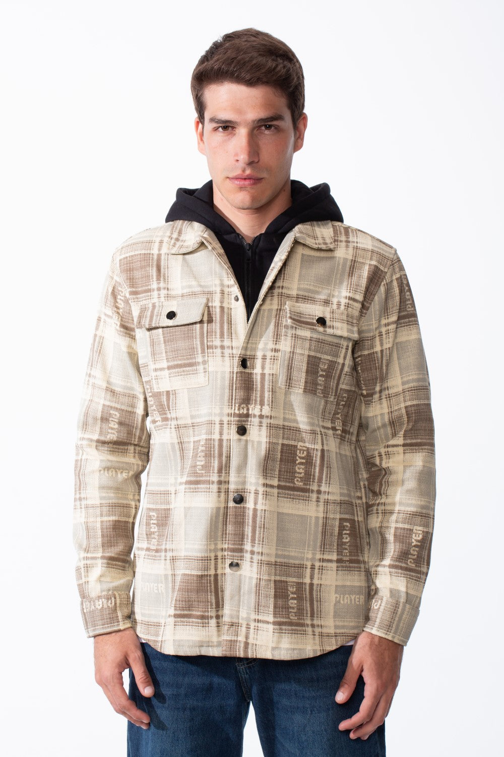 Men's Double-Layer Versatile Layered Design Built In Hooded Inner Long Sleeves Chest Pockets Plaid Print Regular Fit Shirt
