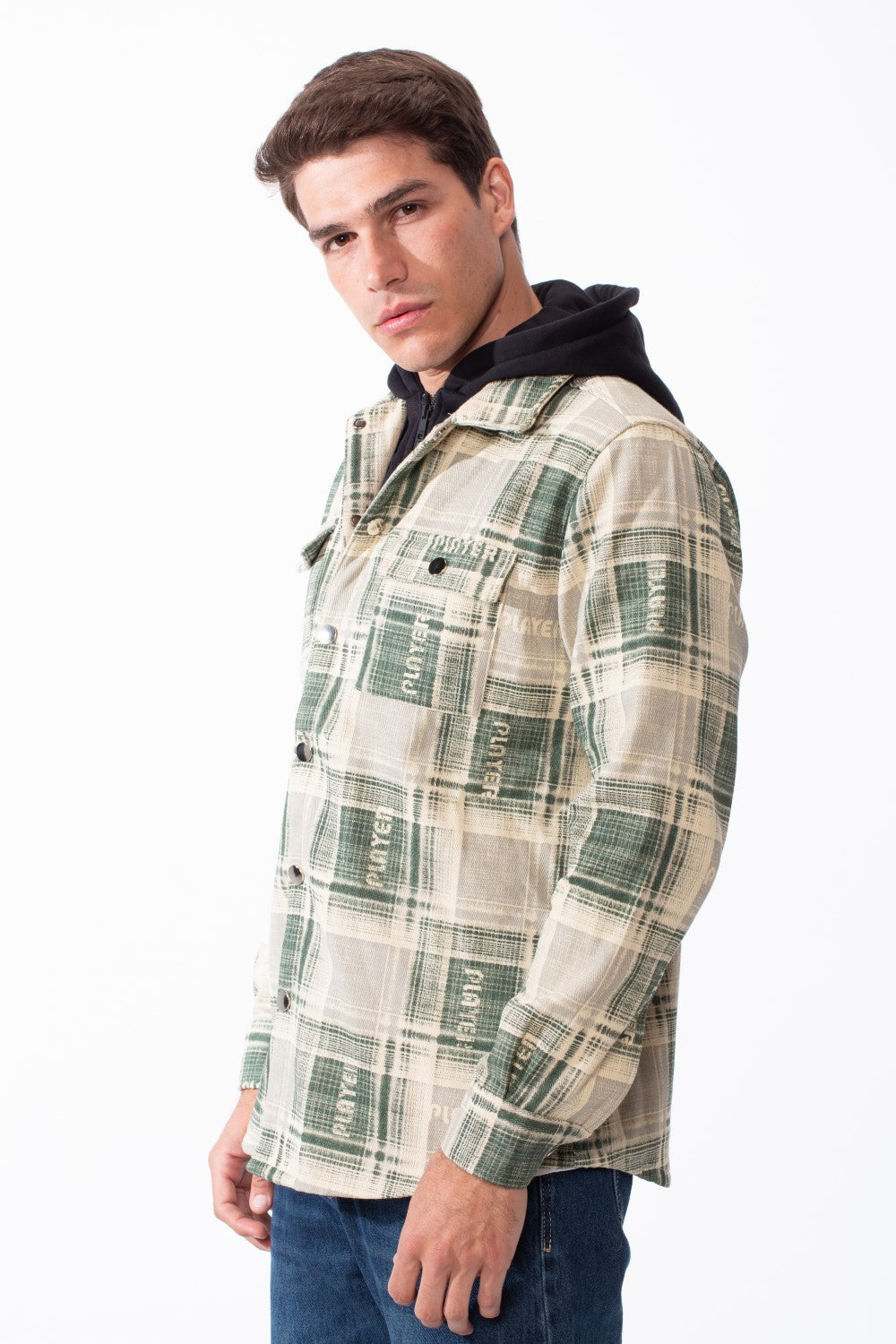 Men's Double-Layer Versatile Layered Design Built In Hooded Inner Long Sleeves Chest Pockets Plaid Print Regular Fit Shirt