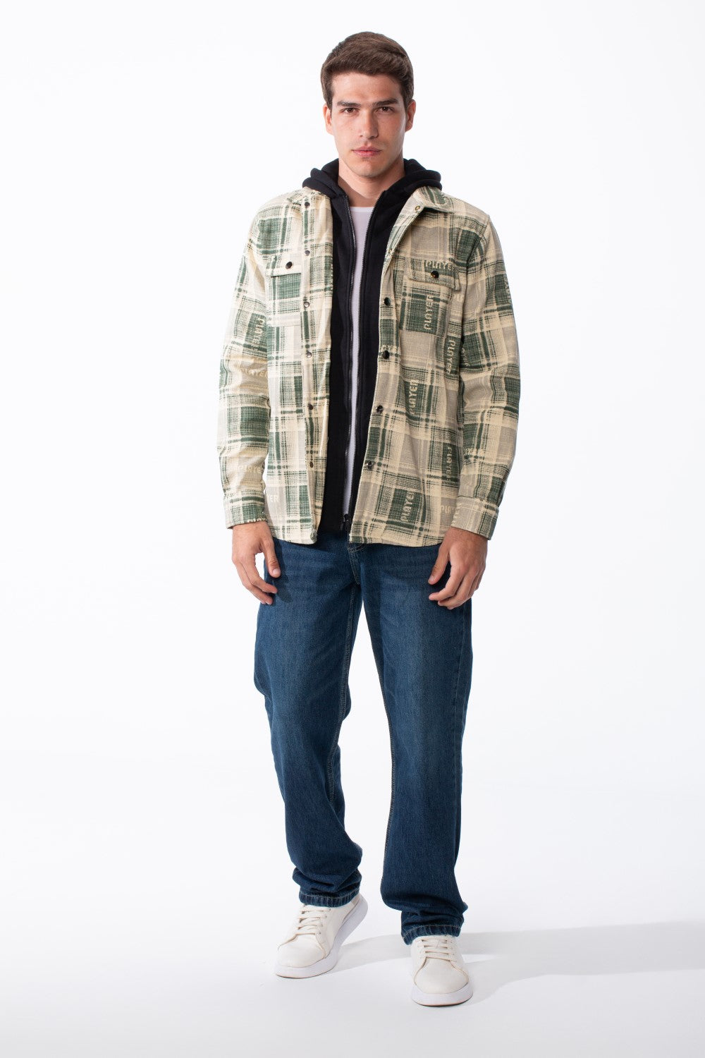 Men's Double-Layer Versatile Layered Design Built In Hooded Inner Long Sleeves Chest Pockets Plaid Print Regular Fit Shirt