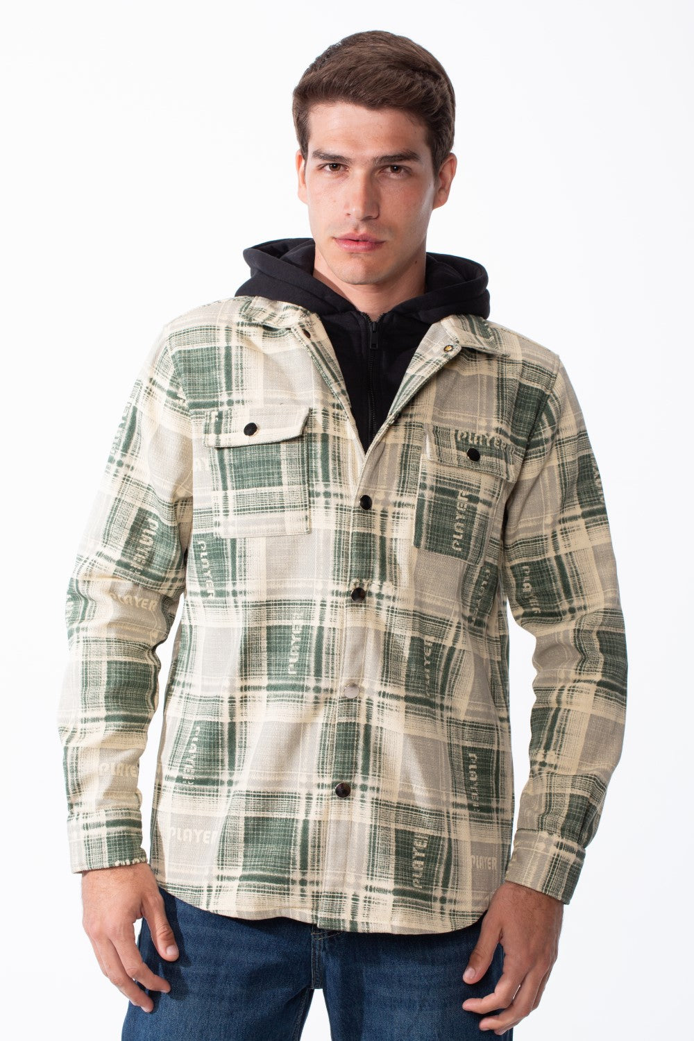 Men's Double-Layer Versatile Layered Design Built In Hooded Inner Long Sleeves Chest Pockets Plaid Print Regular Fit Shirt