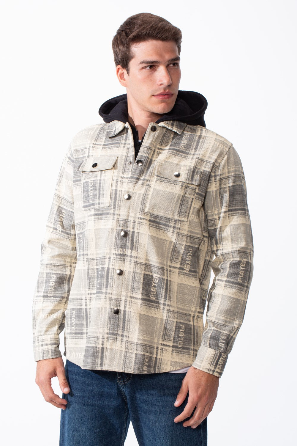 Men's Double-Layer Versatile Layered Design Built In Hooded Inner Long Sleeves Chest Pockets Plaid Print Regular Fit Shirt